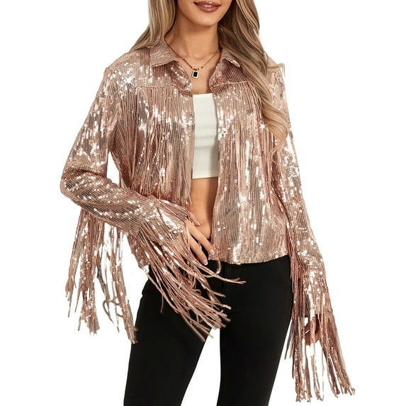 Qtinghua Women's Sequin Long Sleeve Jacket Sparkle Glitter Tassel Blazer Jackets Lapel Open Front Fringe Cardigan Coat Rose Golden S