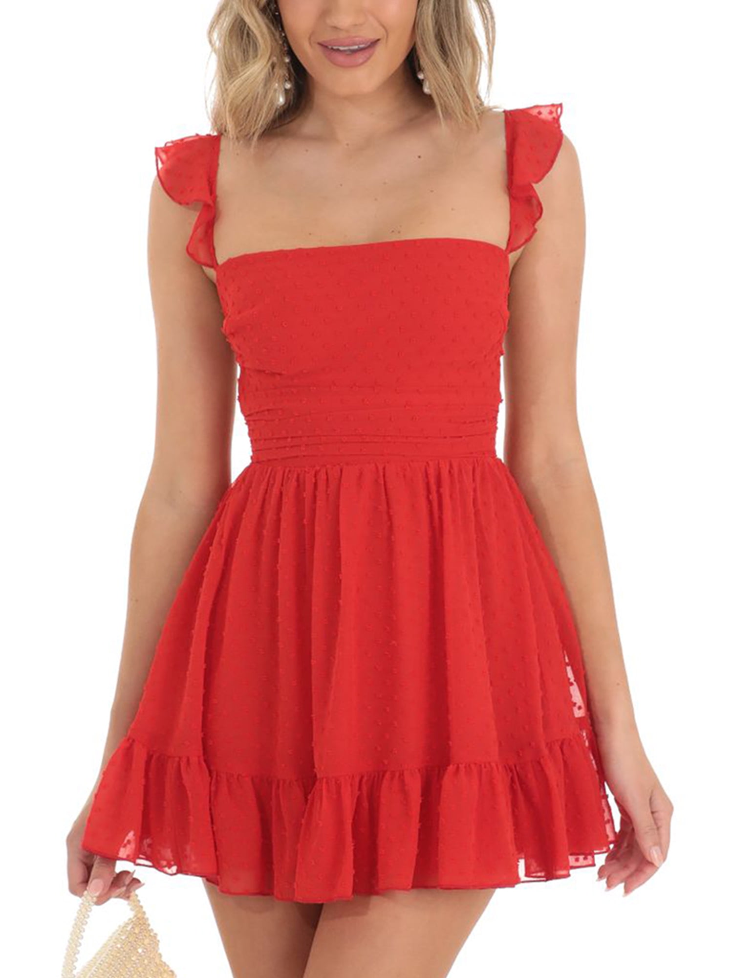 Qtinghua Women's Summer Mini Dress Spaghetti Strap Square Neck A-Line ...
