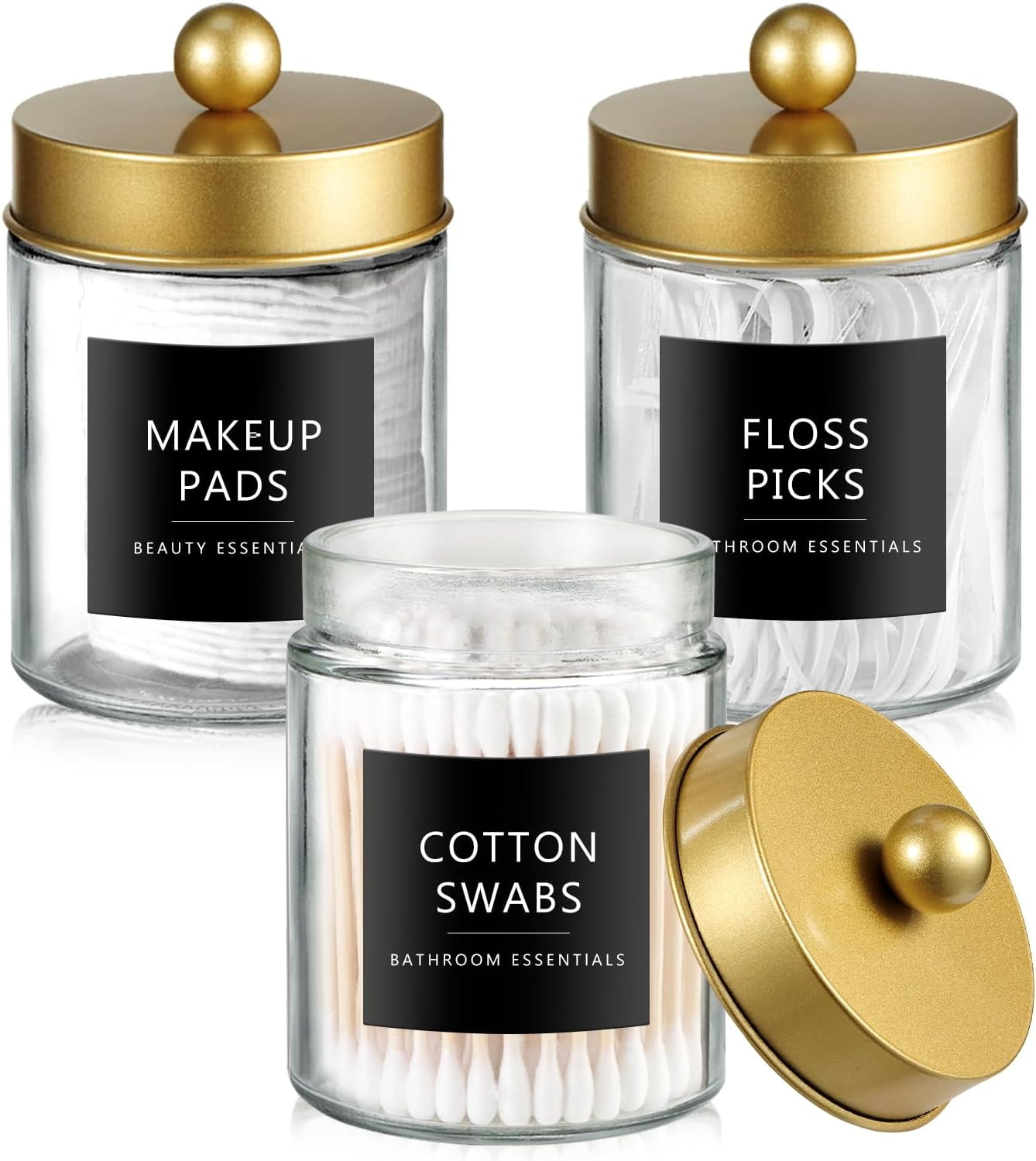 Qtip Dispenser Holder 3pcs, Glass Apothecary Jars with Stainless Steel Lids &Stickers, Countertop Canister Guest Bathroom Storage Organizer Set for Cotton Swabs/Balls, Floss Picks(Gold)