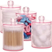Qtip Holder - 12 oz, 10 oz Bathroom Organizer and Storage Containers, Plastic Apothecary Jars with Lids for Cotton Ball, Cotton Swab, Floss, Pink