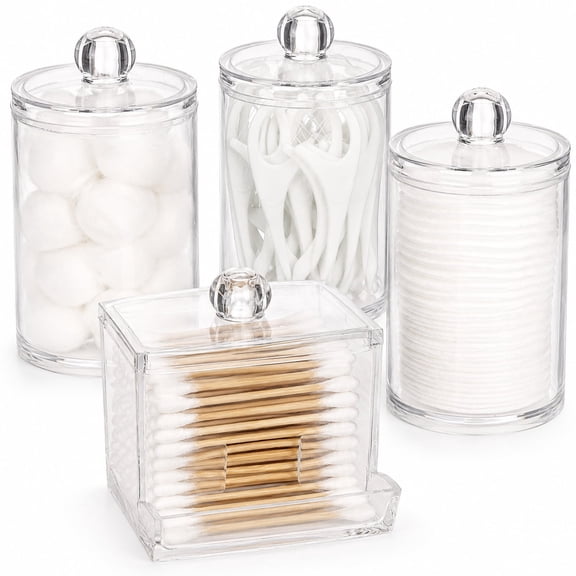 Qtip Holder, 4 Pack Clear Bathroom Storage Containers with Lids, Cotton Swab Holder and Cotton Ball Holder for Cotton Rounds, Floss, Makeup Pads and Vanity Organizer