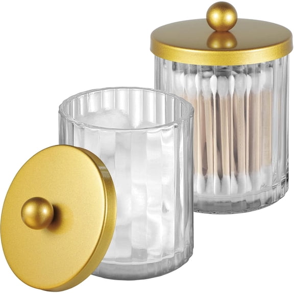 Qtip Holder for Bathroom, Clear Glass Apothecary Jar(Gold 2 Pack)