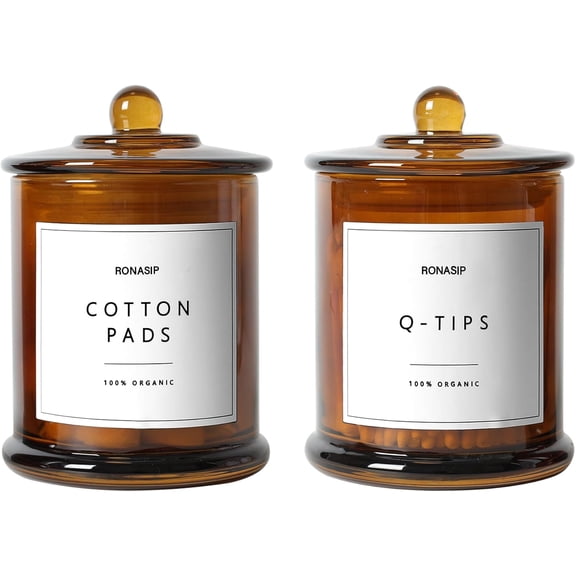 Qtip Holder & Cotton Pad Dispenser, Bathroom Organizer and Storage Canisters, 16oz Glass Apothecary Jars for Kitchen, Restroom - Home Decor Accessories, Room Aesthetic (2 Pack, Amber)