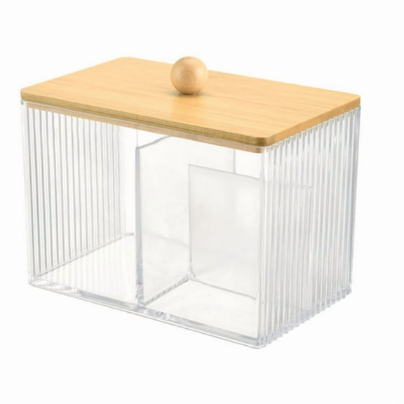 Qtip Holder with Bamboo Lids, 3 Compartments Cotton Ball/Swabs Dispenser,Clear Plastic Bathroom Container