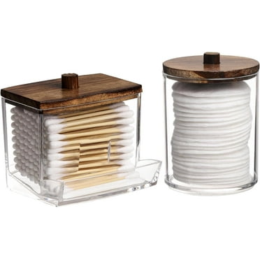 Qtips Holder Bathroom Container with Brown Wood Lids, 10/7 OZ Cotton Ball/Swabs Dispenser, Apothecary Organizer Jar for Storage 2 Pcs