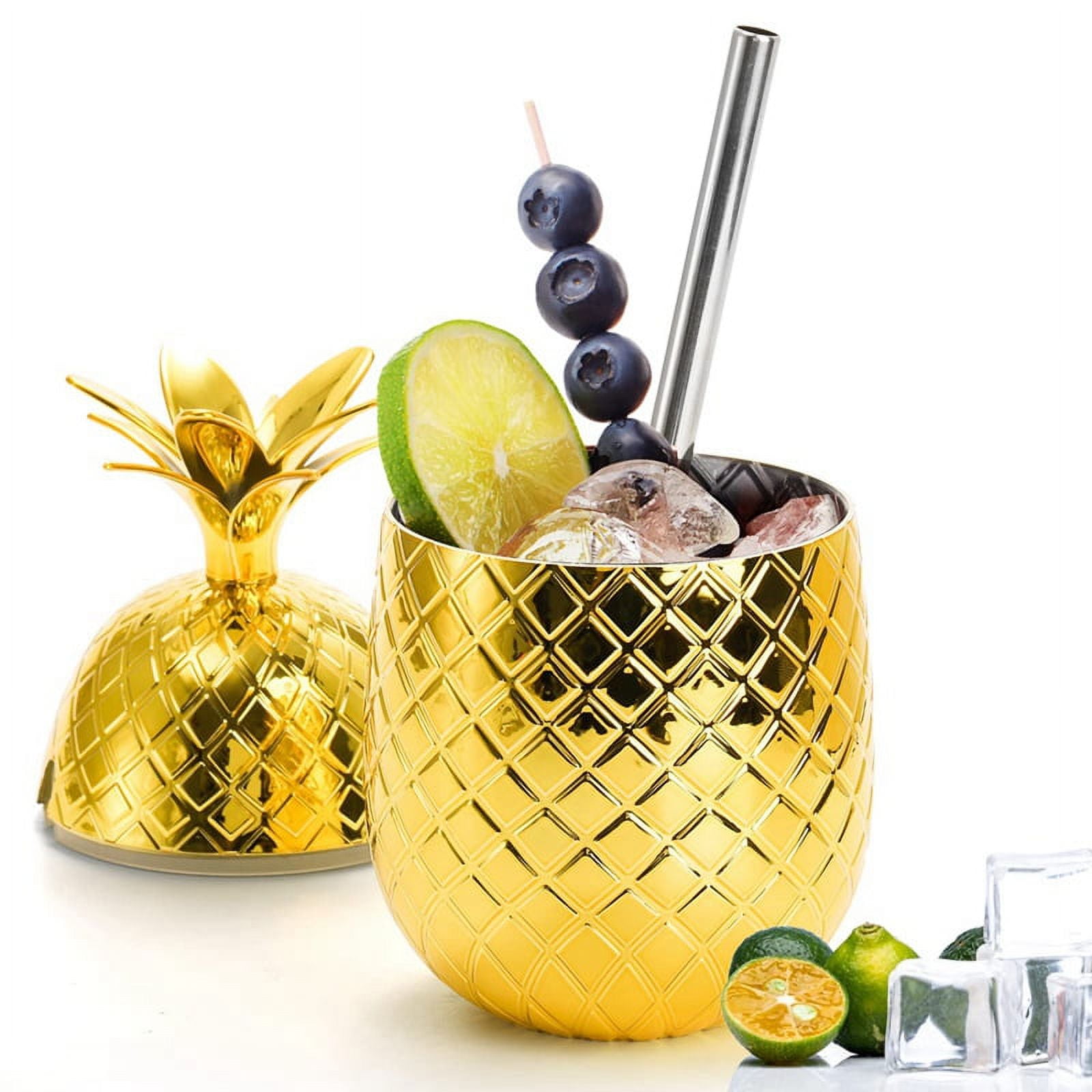 Qtmnekly 2 Pack Pineapples Drink Cups, 450Ml Gold Pineapples Tumbler with Stretched Straw, Hawaiian Luau Cups PP+AS Gold