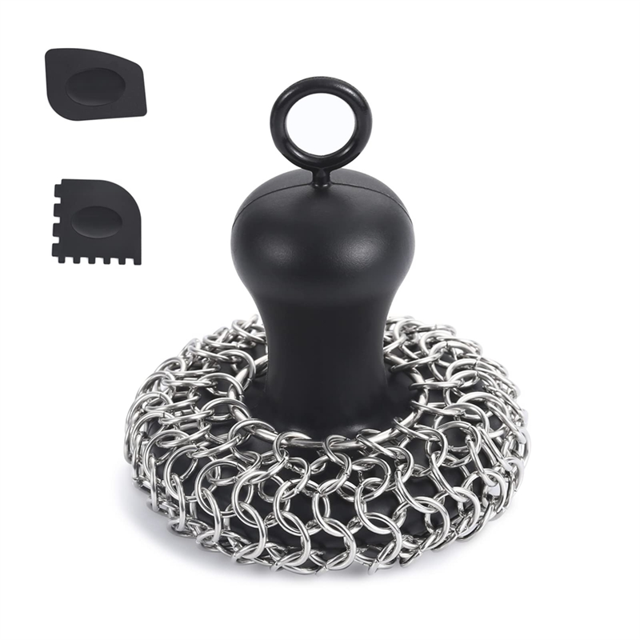 Qtmnekly Cast Iron Chainmail Scrubber + Pan , Stainless Steel Skillet
