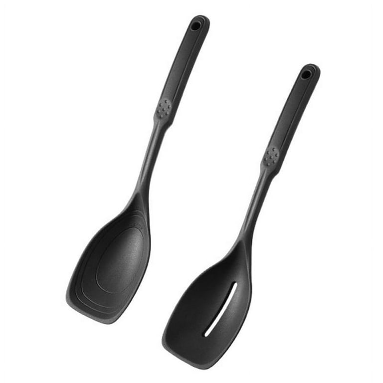 2 Pack Large Silicone Cooking Spoon, Non-Stick Slotted and Solid Spoon set  with Deep Bolw and Measurement Mark for Mixing, Serving, Draining