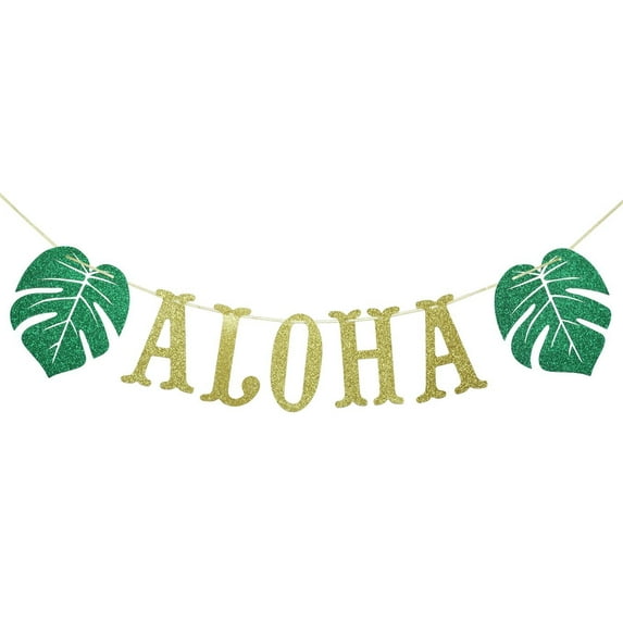 Qttier Hawaiian Aloha Banner Decorations with Palm Leaves Garland for Hawaiian Tropical Luau Beach Summer Party Supplies Decor Favors Bunting Photo Booth Props Sign (Gold & Green Glittery)
