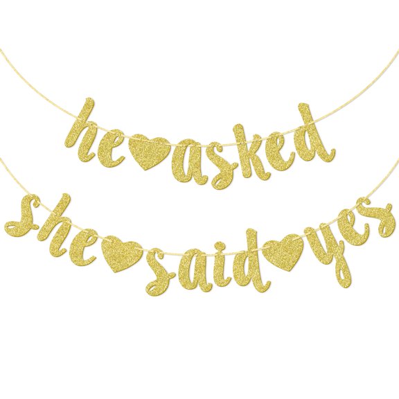 Qttier He Asked She Said Yes Gold Glitter Banner Pre-Strung Wedding Engagement Party Decoration
