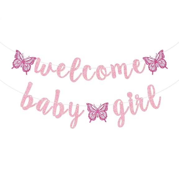 Qttier Welcome Baby Girl Banner, Butterfly Baby Girl Banner, Girl Baby Shower Decorations (Pink)