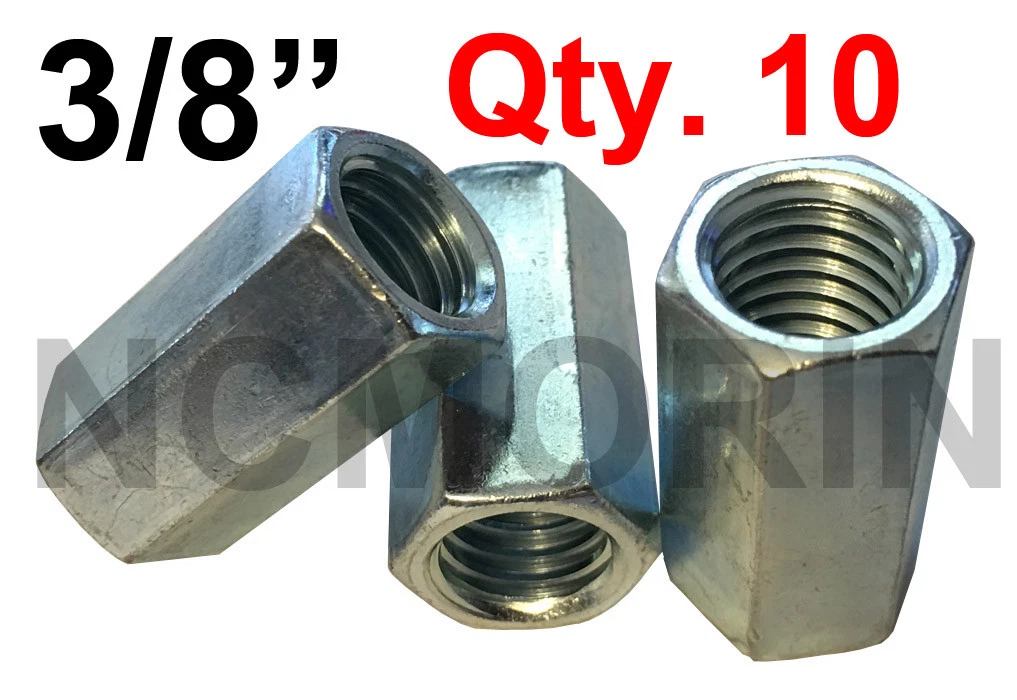 Hard-to-Find Fastener 3/8-16 Coarse Coupling Nuts – 8-Piece Set, Zinc-Plated Steel, 1-3/4" Length