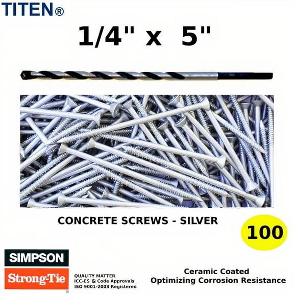 (Qty 100) Concrete Screws Silver 1/4" x 5  Phillips Flat Head for Anchoring to Masonry, Block or Brick Stucco Simpson Strong Tie