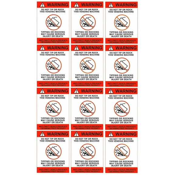 Qty 12 - SODA machine safety decals, do not tip labels