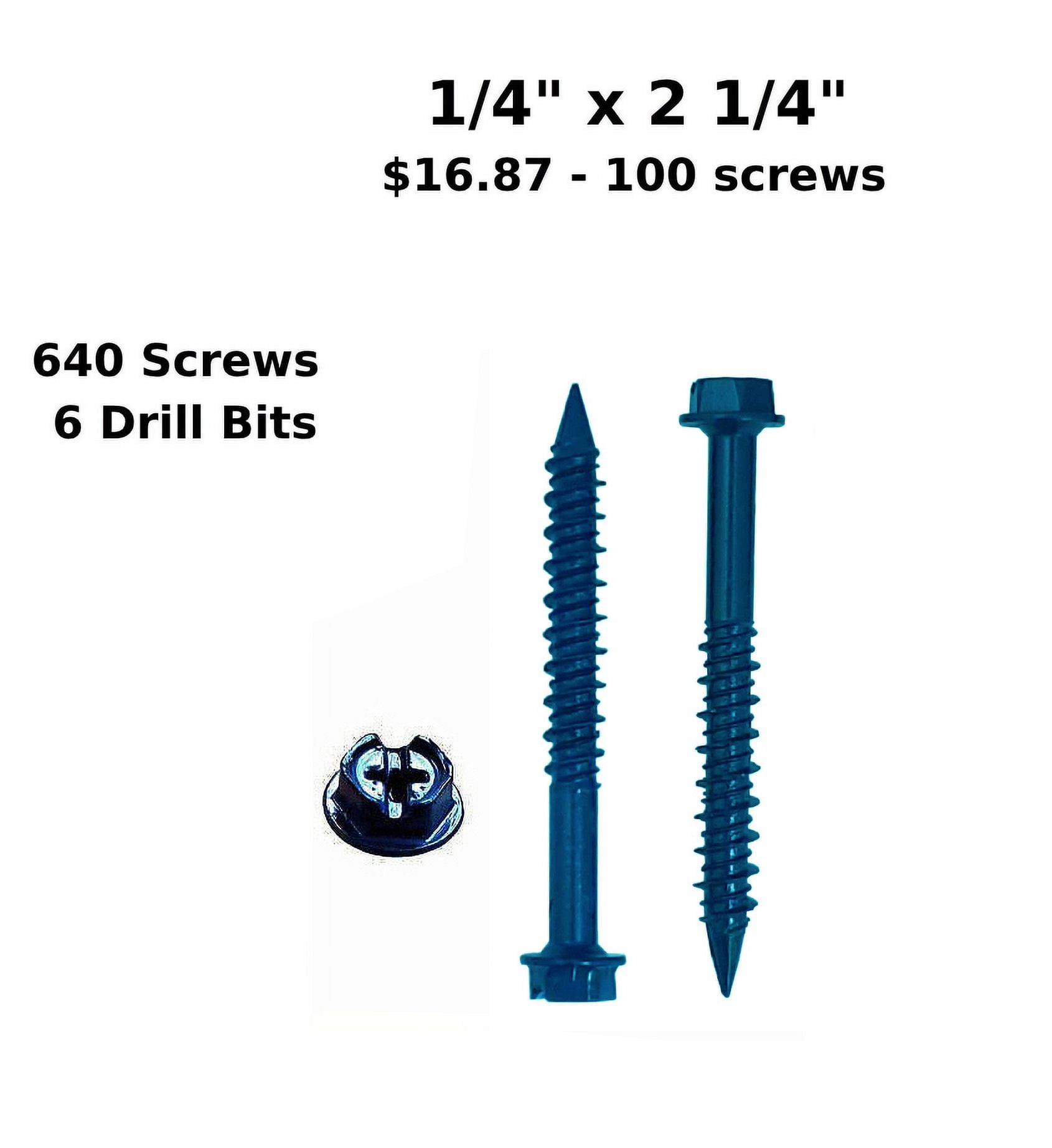 (Qty 640) Concrete Screws 1/4” x 2 1/4” Hex Washer Head for Anchoring to Masonry, Block or Brick Stucco 64 Pack 6 Drill Bits…