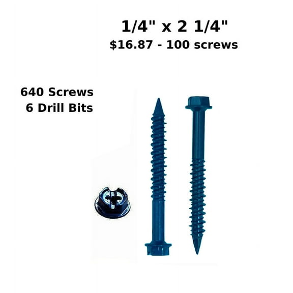 (Qty 640) Concrete Screws 1/4 x 2 1/4 Hex Washer Head for Anchoring to Masonry, Block or Brick Stucco 64 Pack 6 Drill Bits