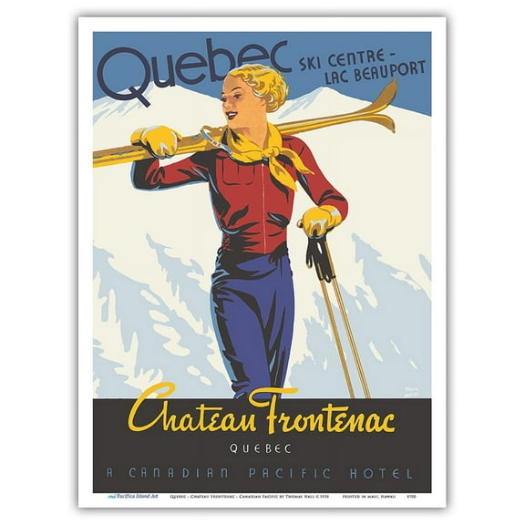 Québec - Château Frontenac - Ski Resort - Canadian Pacific Hotel - Vintage Railroad Travel Poster by Thomas (Tom) Hall c.1938 - Master Art Print (Unframed) 9in x 12in