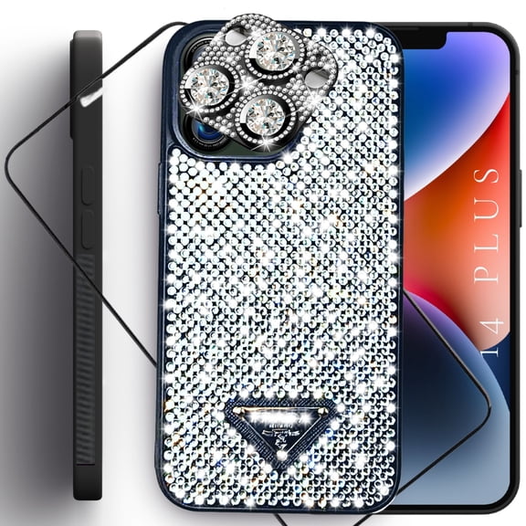QuAngy Assureify Case for Apple iPhone 14 Plus - Luxury & Aesthetic Sparkling Rhinestones Design TPU Black Case - Shock Resistant - with Soft Microfiber Cloth Lining - Camera Lenses + Screen Protector