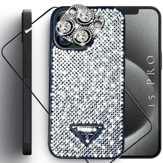 QuAngy Assureify Case for Apple iPhone 15 Pro - Luxury & Aesthetic Sparkling Rhinestones Design TPU Black Case - Shock Resistant - with Soft Microfiber Cloth Lining - Camera Lenses + Screen Protector