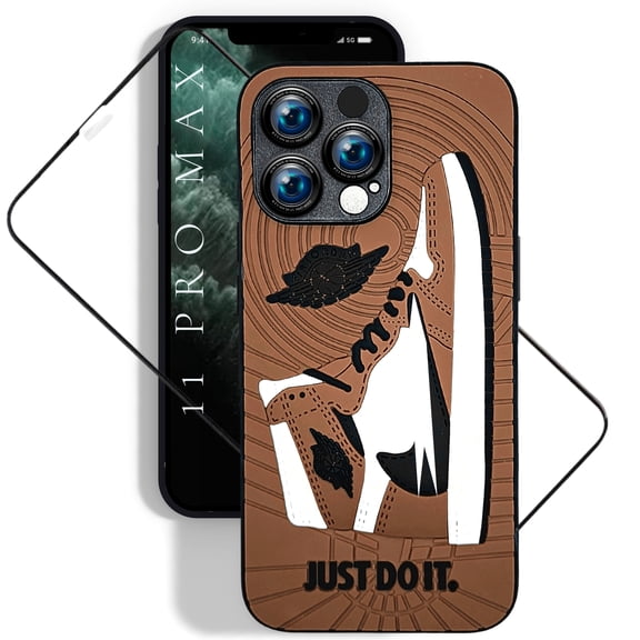 QuAngy Assureify Case for iPhone 11 Pro Max – 3D Sneaker Shoe Design, Brown TPU Fashion Case, Rugged Shockproof Bumper, 360° Full Protection with Screen Protector