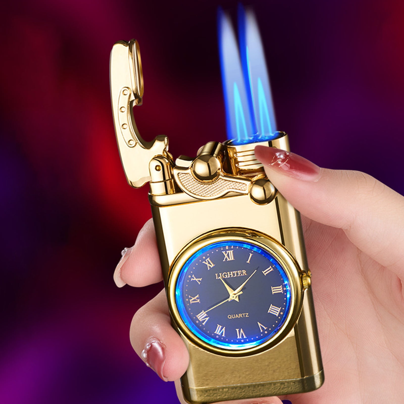 QuLuJing Cigarette Lighter, Double Fire Switching Lighter with Quartz Watch  Metal Inflatable Windproof Blue Flame Lighter Fashion Gift