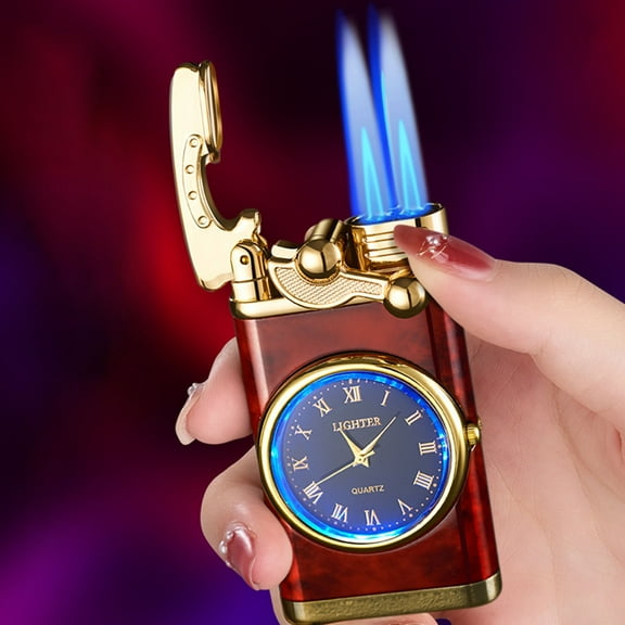 QuLuJing Cigarette Lighter, Double Fire Switching Lighter with Quartz Watch Metal Inflatable Windproof Blue Flame Lighter Fashion Gift