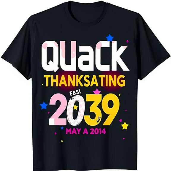 Quack Thanksating Black T-Shirt with Cute Illustration & 2039 Design