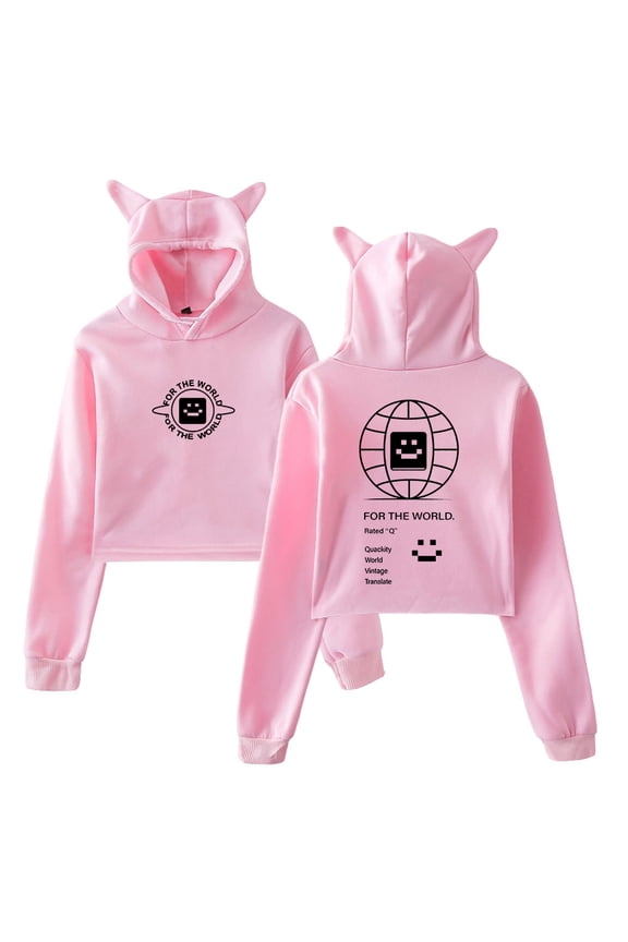 Quackity For The World Streetwear Female Cat Ears Hoodie Long Sleeve Crop Top Women's Clothes