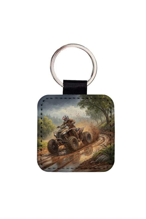 Quad ATV Off-Road Mud Racing Faux Leather Square Keychain