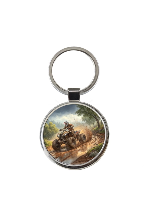 Quad ATV Off-Road Mud Racing Metal Round Keychain
