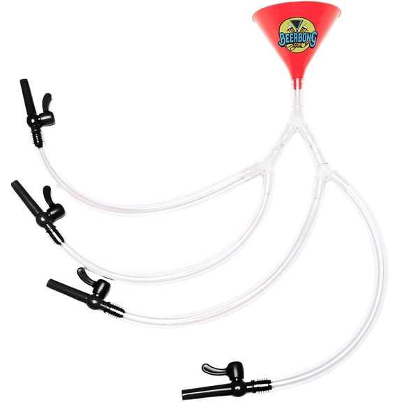 Quad Beer Bong Funnel, Four No Kink Food Grade Tubes and Valves, The Big Daddy of Beer Funnels (Red)