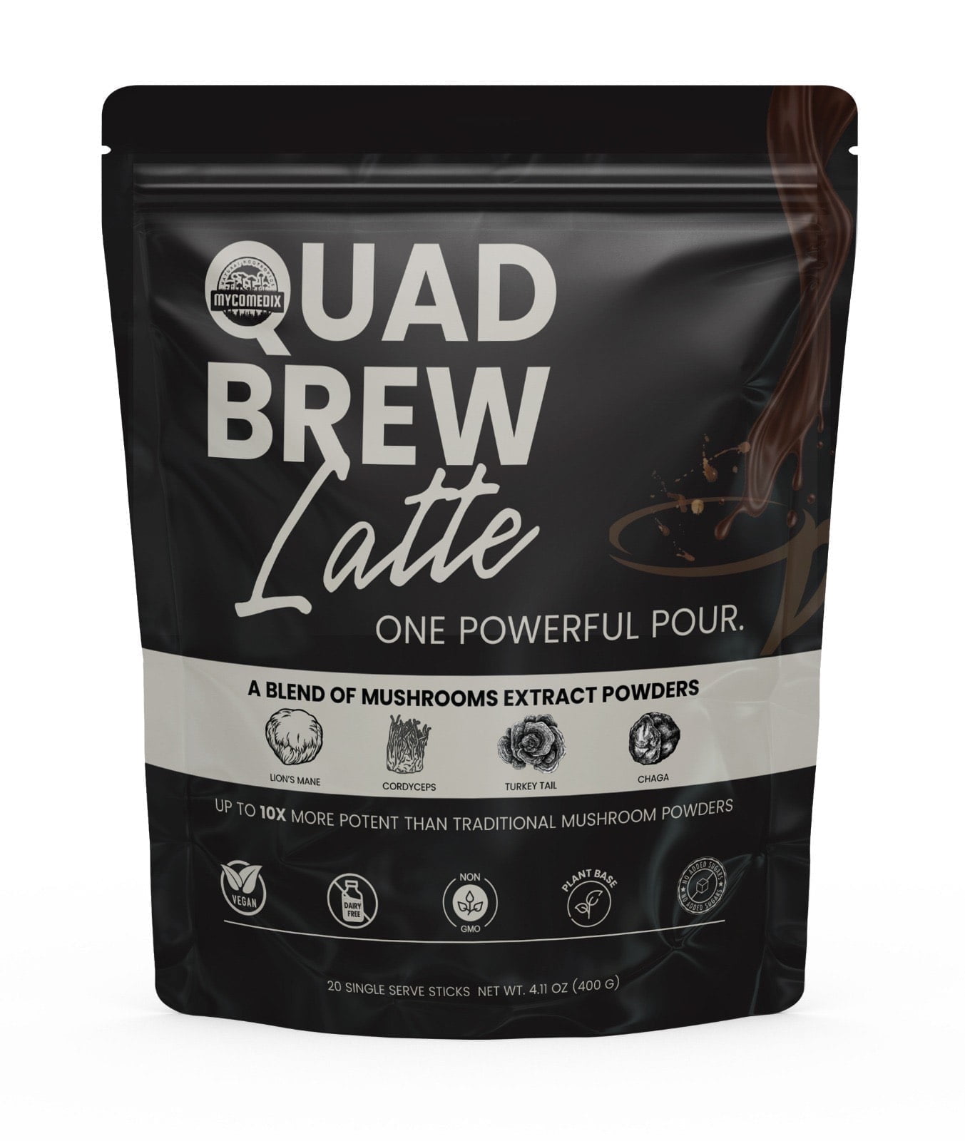 MYCO-Medix Quad-Brew Latte, Arabica Instant Coffee with Functional Mushrooms, Energy & Focus Support, 20 Servings