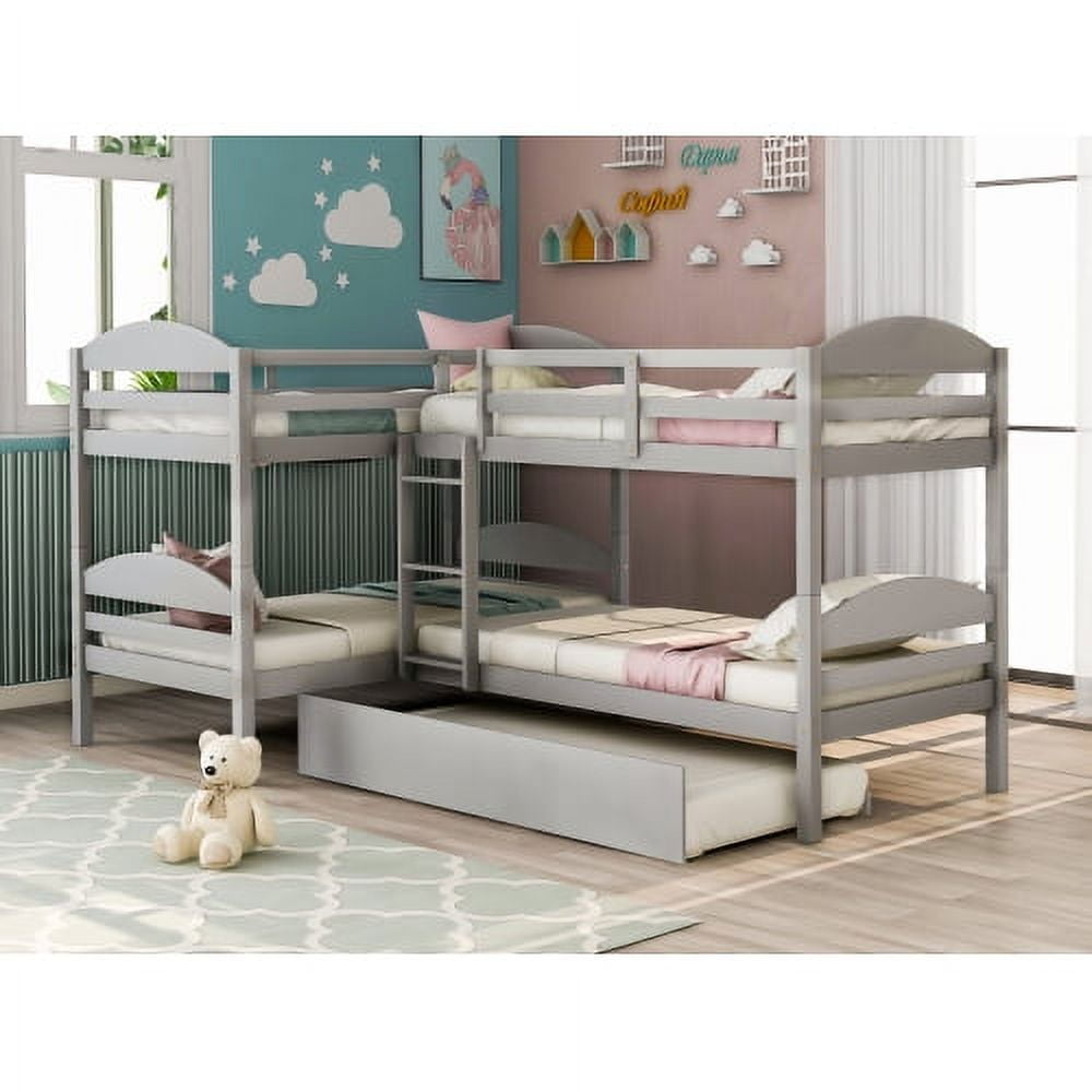 Quad Bunk Bed with Trundle, L Shaped Bunk Bed for 4 Kids, Wooden Twin