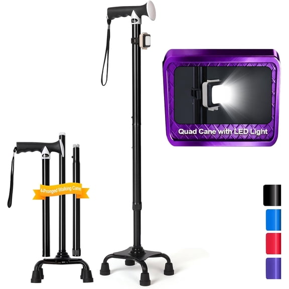 Quad Cane (300 lbs) - Adjustable Walking Cane with Large 4-Pronged Base & LED Light, Extra Balance & Stability Walking Stick for Seniors, Men & Women