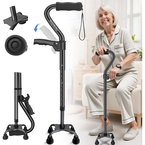 Quad Cane, 4 Prong Walking Cane for Men & Women, Heavy Duty| Adjustable Walking Canes for Seniors Balance, Self Standing Cane with Ergonomic Handle(330lb)