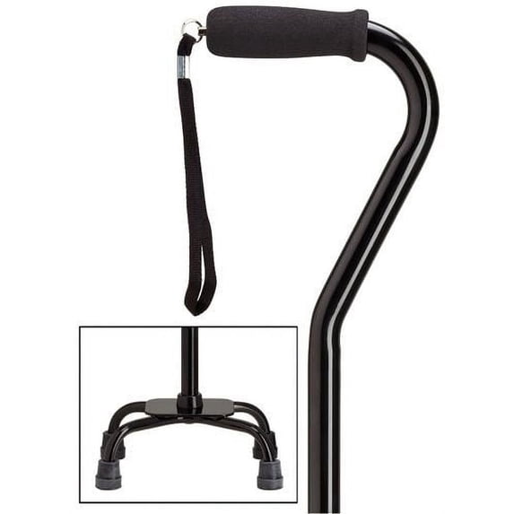 Quad Cane Adjustable Black Small base 5" x 8" with center balance offset handle and nylon security nut