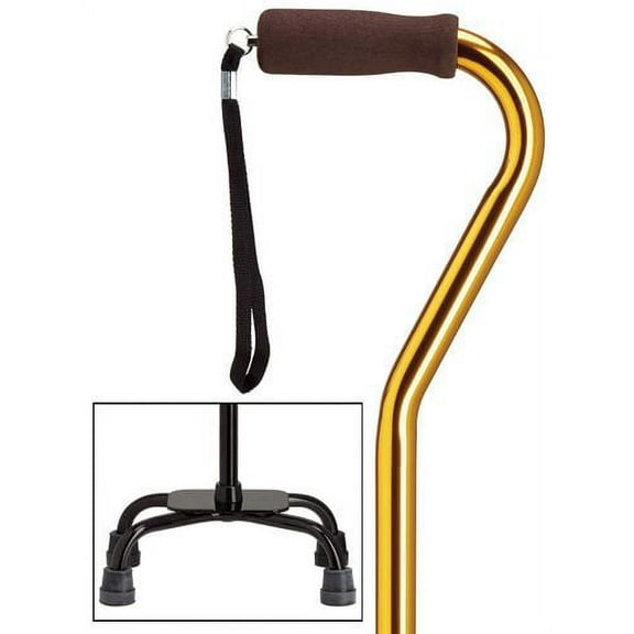 Quad Cane Adjustable Gold Large base 7" x 13" with center balance offset handle and nylon security nut
