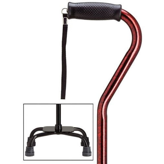 Quad Cane Adjustable Red Granite Large base 7" x 13" with center balance offset handle and nylon security nut
