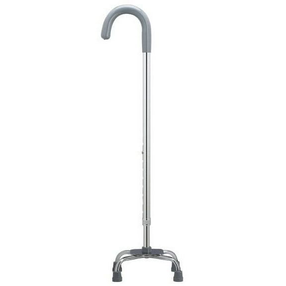 Quad Cane Small base 6" x 8" walking cane, with plastic covered crook handle and nylon security nut. Adjusts from 31" - 37".