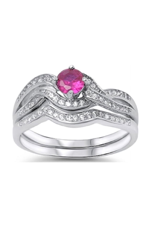 Quad Channels Round Simulated Ruby Cubic Zirconia Ring Sterling Silver 925