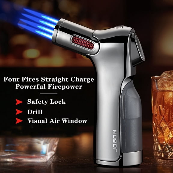Quad Jet Flame Torch Lighter, Windproof Adjustable Flame Butane Torch Lighter, Refillable Multifuctional Cigar Lighter with Gift Box for Grill BBQ Candle Camping (Butane Not Included)