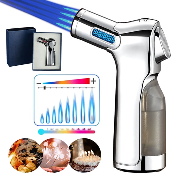 Quad Jet Flame Torch Lighter, Windproof Adjustable Flame Butane Torch Lighter, Refillable Multifuctional Cigar Lighter with Gift Box for Grill BBQ Candle Camping (Butane Not Included)