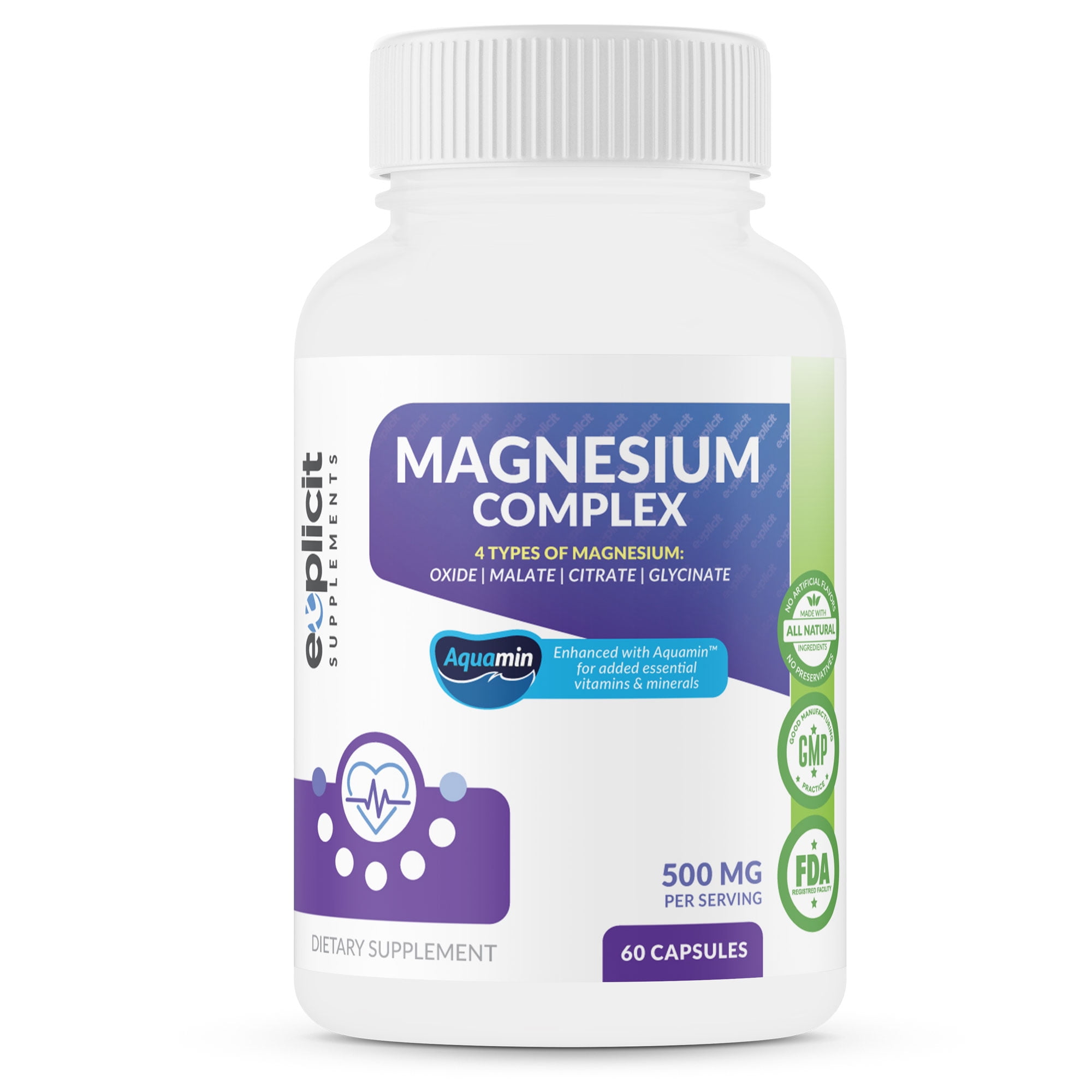 Quad Magnesium Complex Supplement - 500mg of Magnesium Glycinate, Malate, Oxide & Citrate for Support of Muscles, Sleep, Energy & Relaxation - High Absorption with Aquamin - 60 Capsules