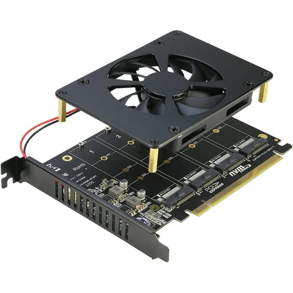 Quad NVMe to PCIe Converter Adapter Card, RIITOP 4 Ports M.2 NVMe SSD to PCI-e 4.0/3.0 x16 Adapter Card with Cooling Fan, Support 2280/2260/2242/2230 NVMe SSD (PCI-e Bifurcation Required)