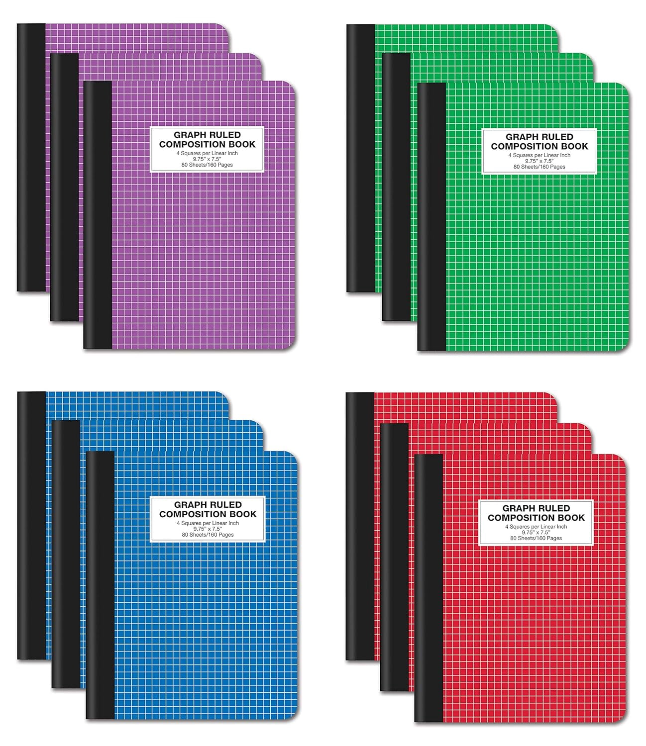 Quad Ruled Notebook, 12 Pack, Hardcover 4x4 Graph Ruled Paper, 80 Sheets, 9.75" x 7.5", Assorted Color Covers, 12 Pack