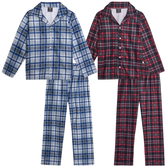 Quad Seven Boys Pajamas Set Flannel Fleece Long Sleeve Button Down and Pajama Bottoms Sleepwear 4 Piece