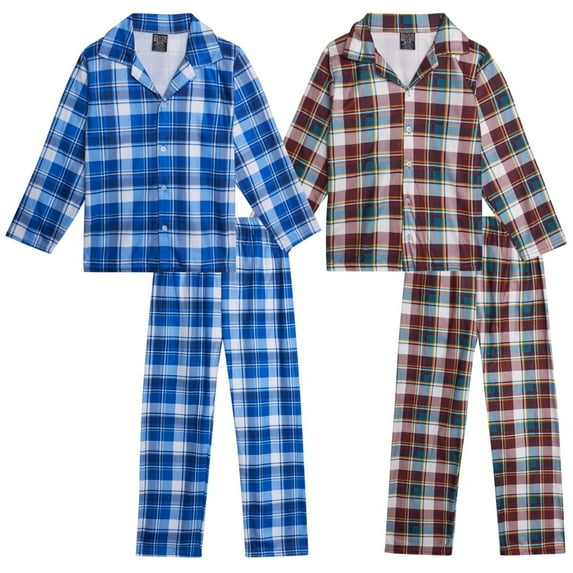 Quad Seven Boys Flannel Fleece Pajamas - 4 Piece Long Sleeve Button Down Sleepwear Set (Sizes: 8-14)