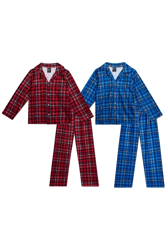 Boys Flannel Fleece Pajamas - 4 Piece Long Sleeve Button Down Sleepwear Set (Sizes: 8-14)