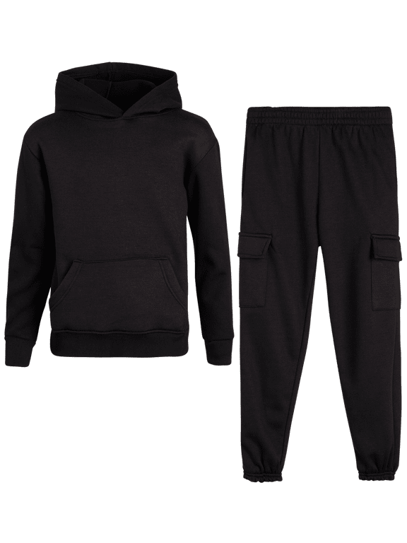 Boys' Fleece Jogger Set - 2 Piece Basic Solid Pullover Hoodie and Cargo Sweatpants (Size: 8-18)