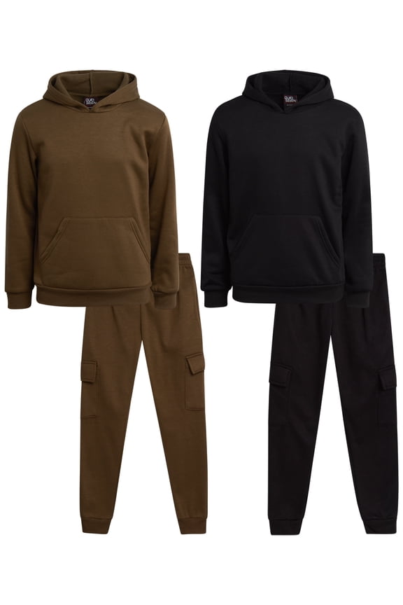 Boys' Fleece Jogger Set - 4 Piece Solid Pullover Hoodie and Cargo Sweatpants (Size: 8-18)